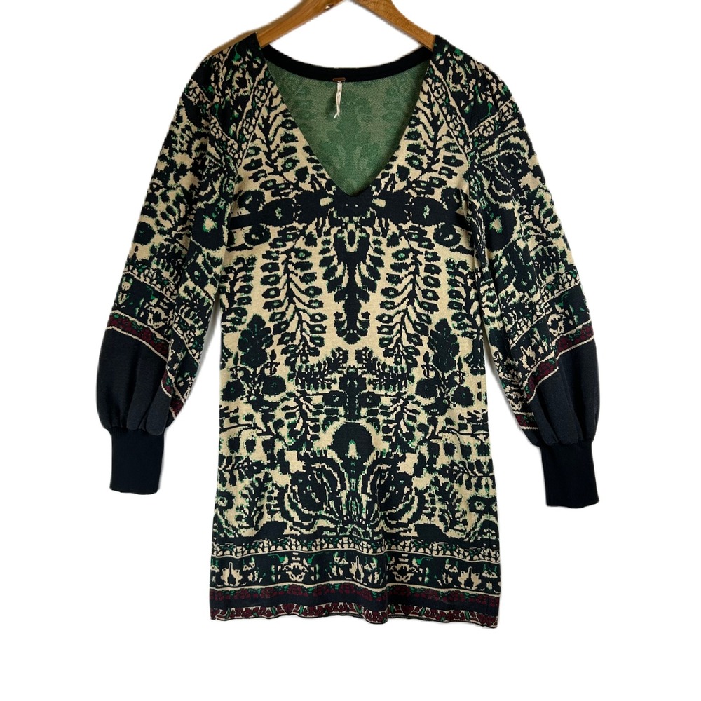 Free People Jacquard Knit V-Neck Tunic Dress Green Black Puff Sleeve Boho Small